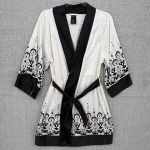 H&M Kimono Robe Black White Geometric Print Belted XS Music Statement Boho‎ Twee